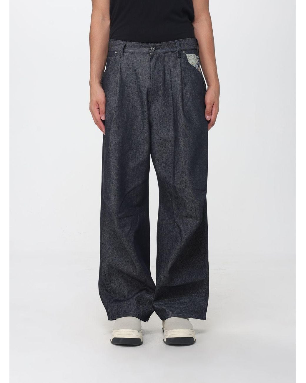PDF Blue Wide Leg Graphic Print Cotton Denim Jeans With Pleats for men