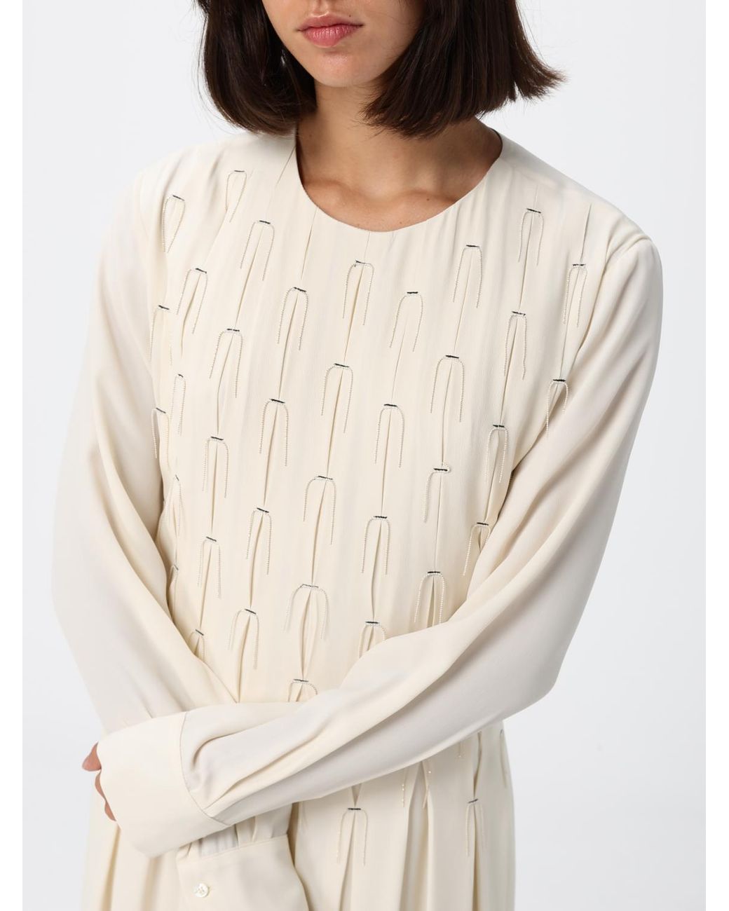 Fabiana Filippi Natural A-Line Crêpe De Chine Midi Dress With Plastron