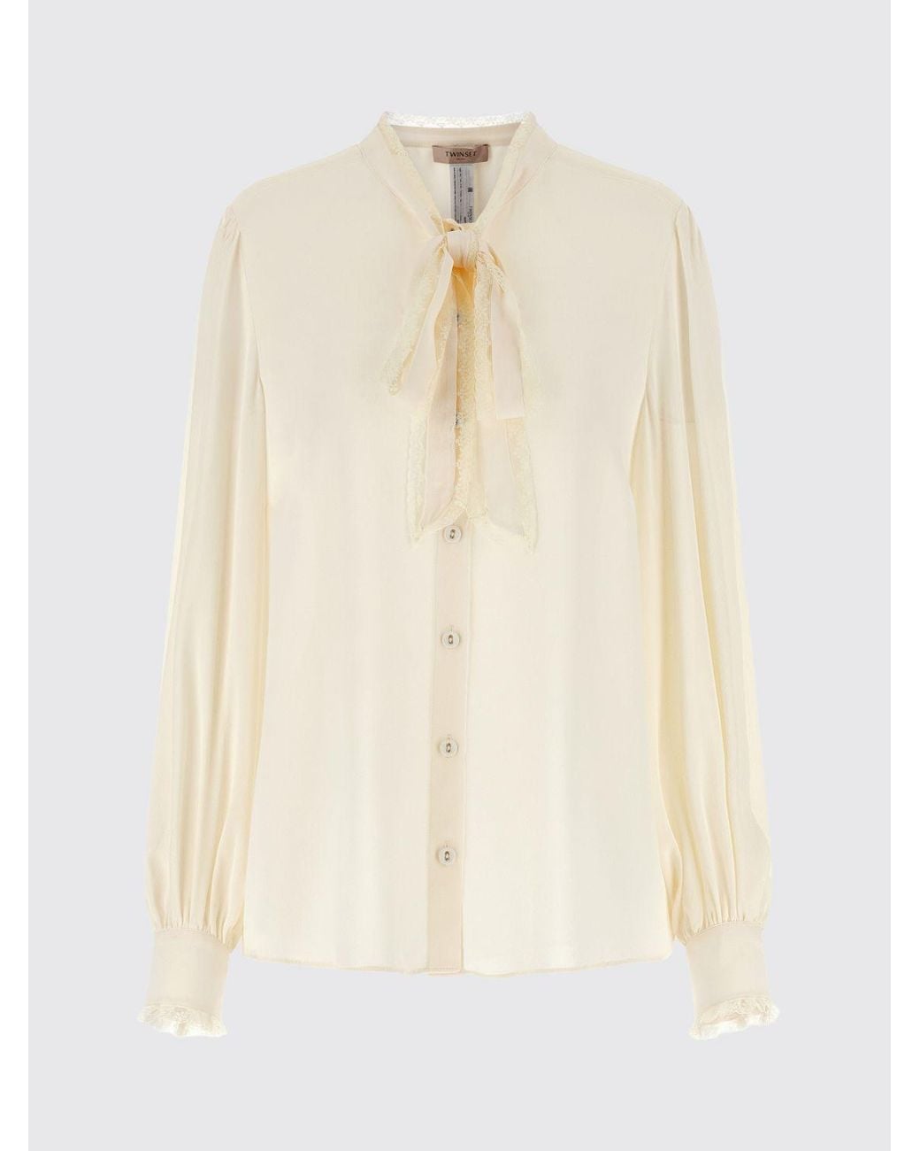 Twinset Natural Viscose Blouse With Pussy-Bow Collar And Lace Inserts