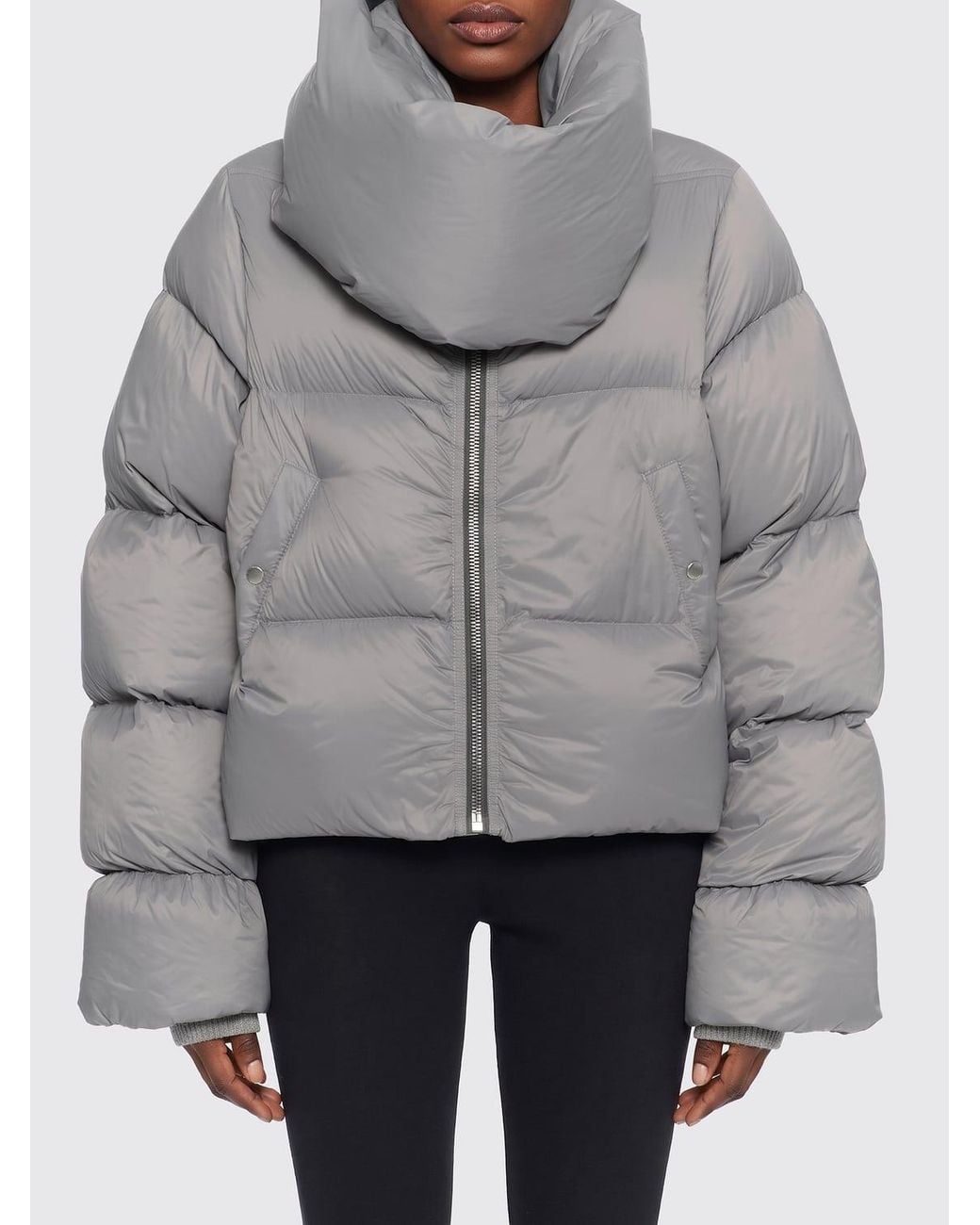 Rick Owens Gray Quilted Nylon Funnel Neck Puffer Jacket