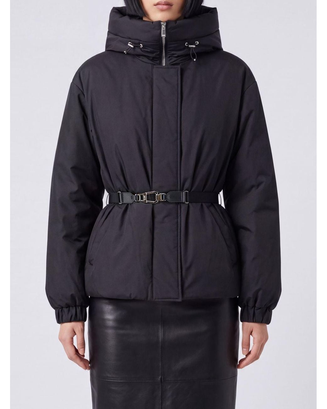 Moorer Blue Padded Cropped Down Jacket With Hood, High Collar And Belt