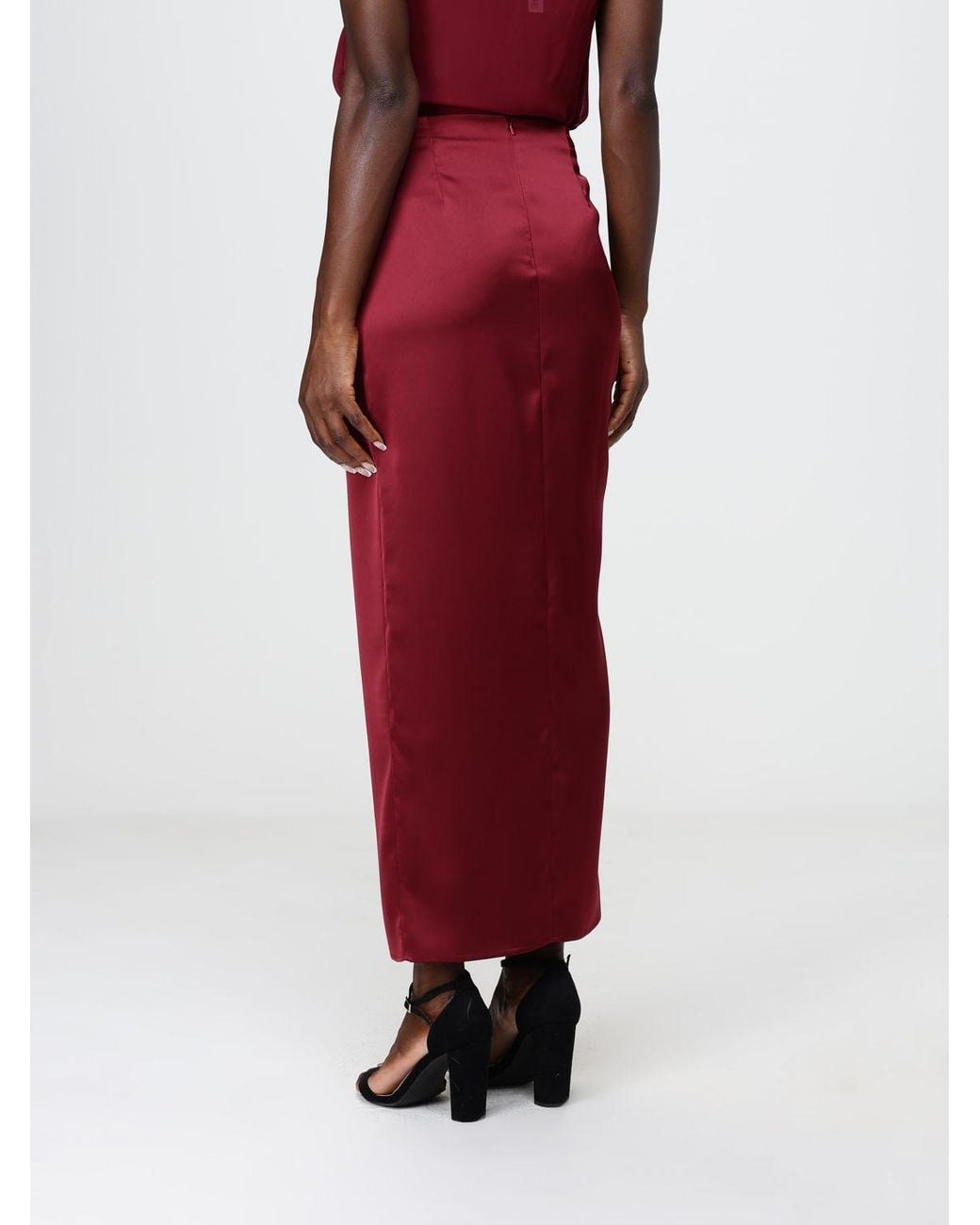 Hanita Red Draped High-Waisted Satin Long Pencil Skirt