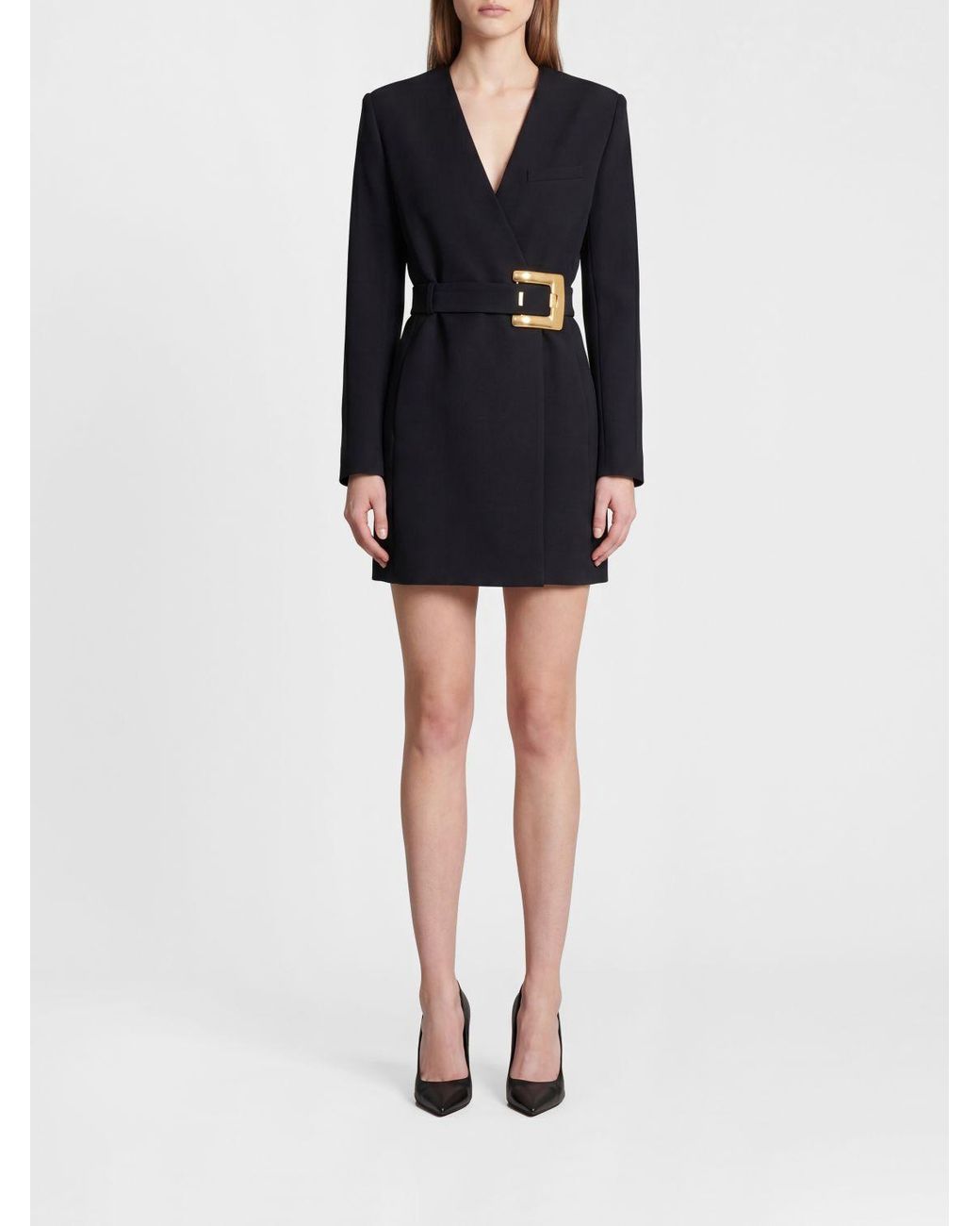 Balmain Black Merino Wool Wrap Mini Blazer Dress With Padded Shoulders