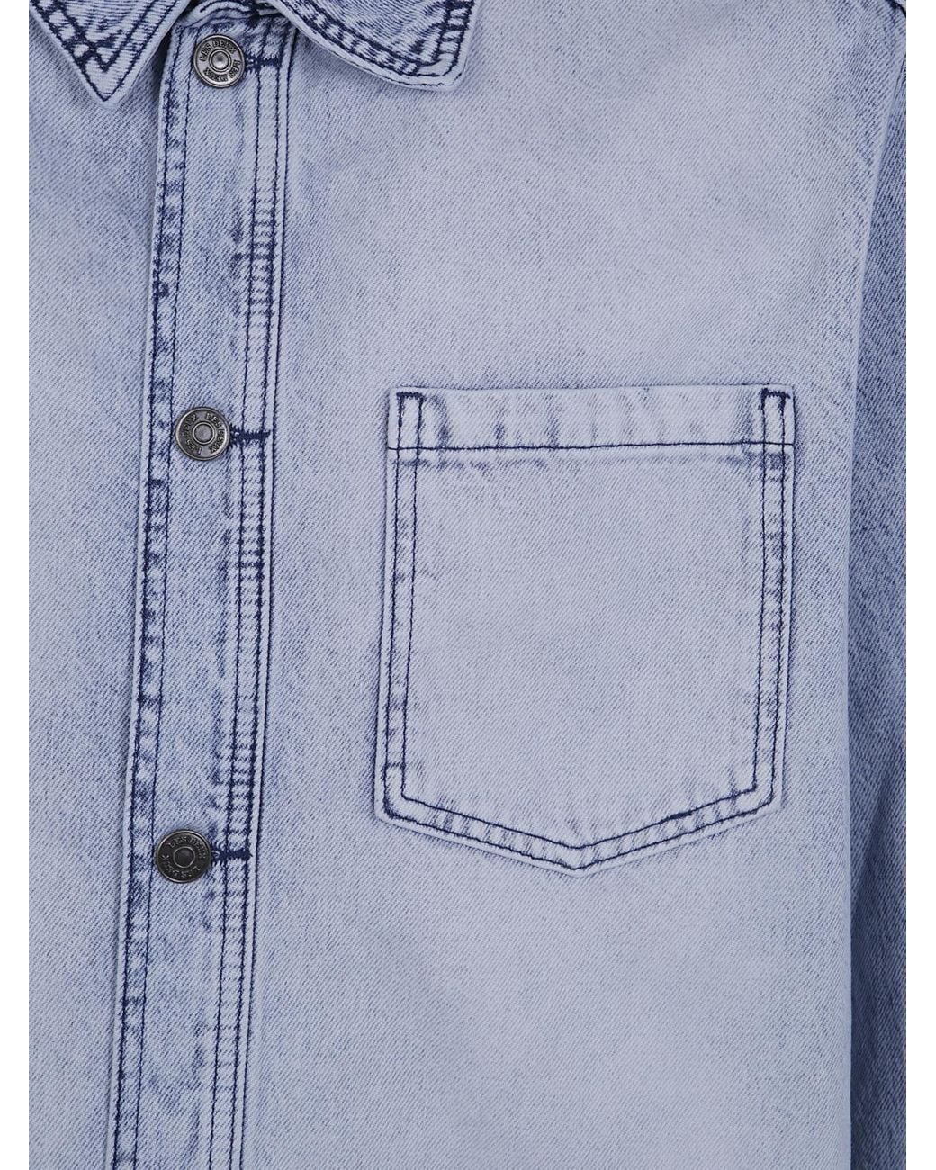 Les Deux Blue Cotton Denim Shirt With Classic Collar And Patch Pocket for men