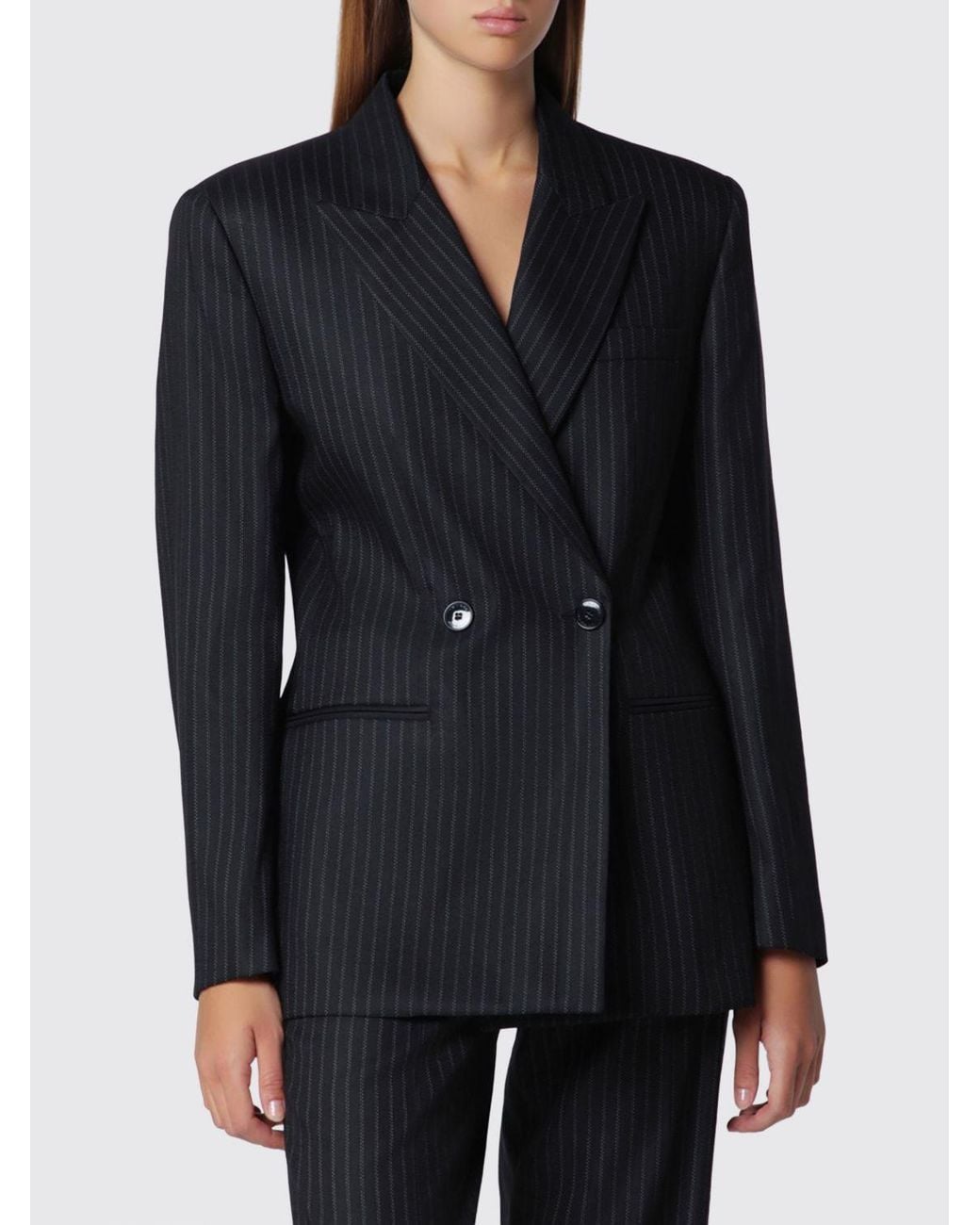 Isabel Marant Black Pinstriped Cropped Double-Breasted Blazer With Padded Shoulders