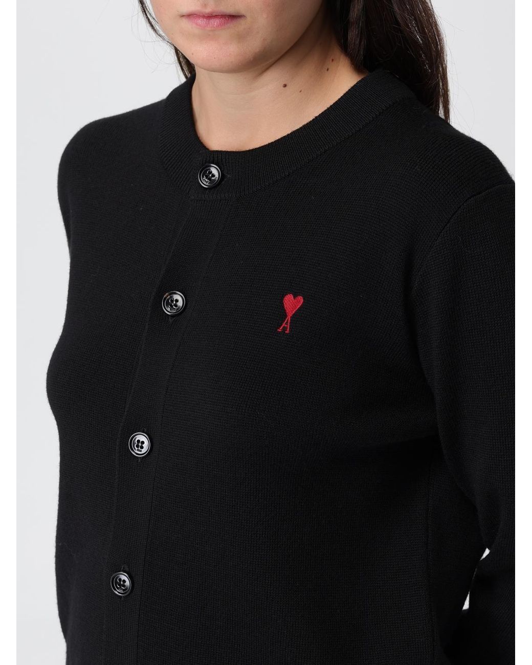 AMI Black Crew Neck Wool Cardigan With Logo