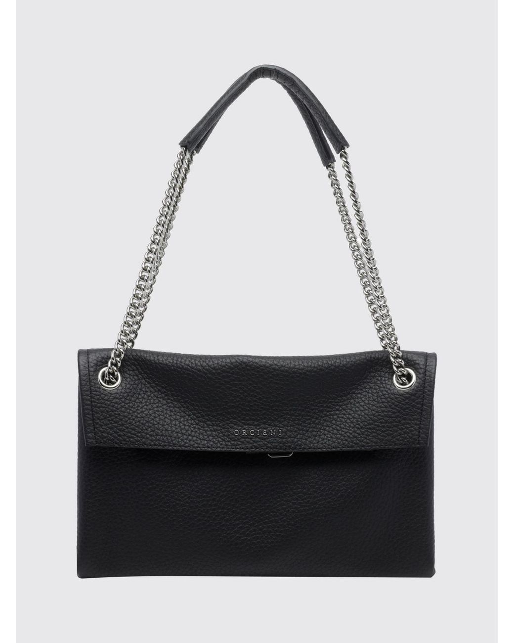 Orciani Black Venus Rectangular Hammered Leather Shoulder Bag With Sliding Handle