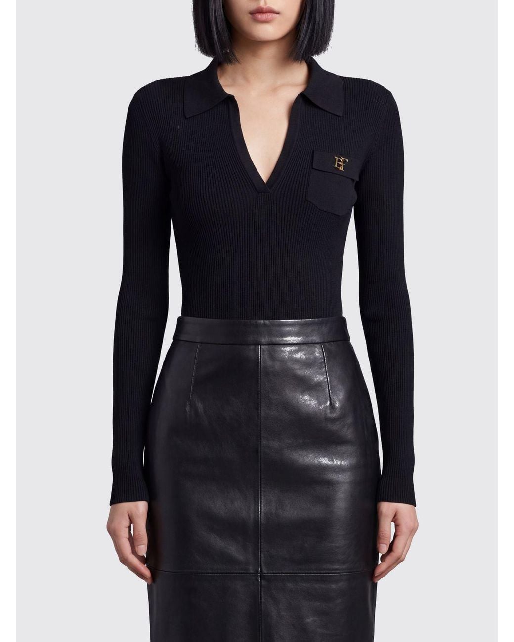 Elisabetta Franchi Black Slim Fit Long-Sleeved V-Neck Bodysuit With Ruffles