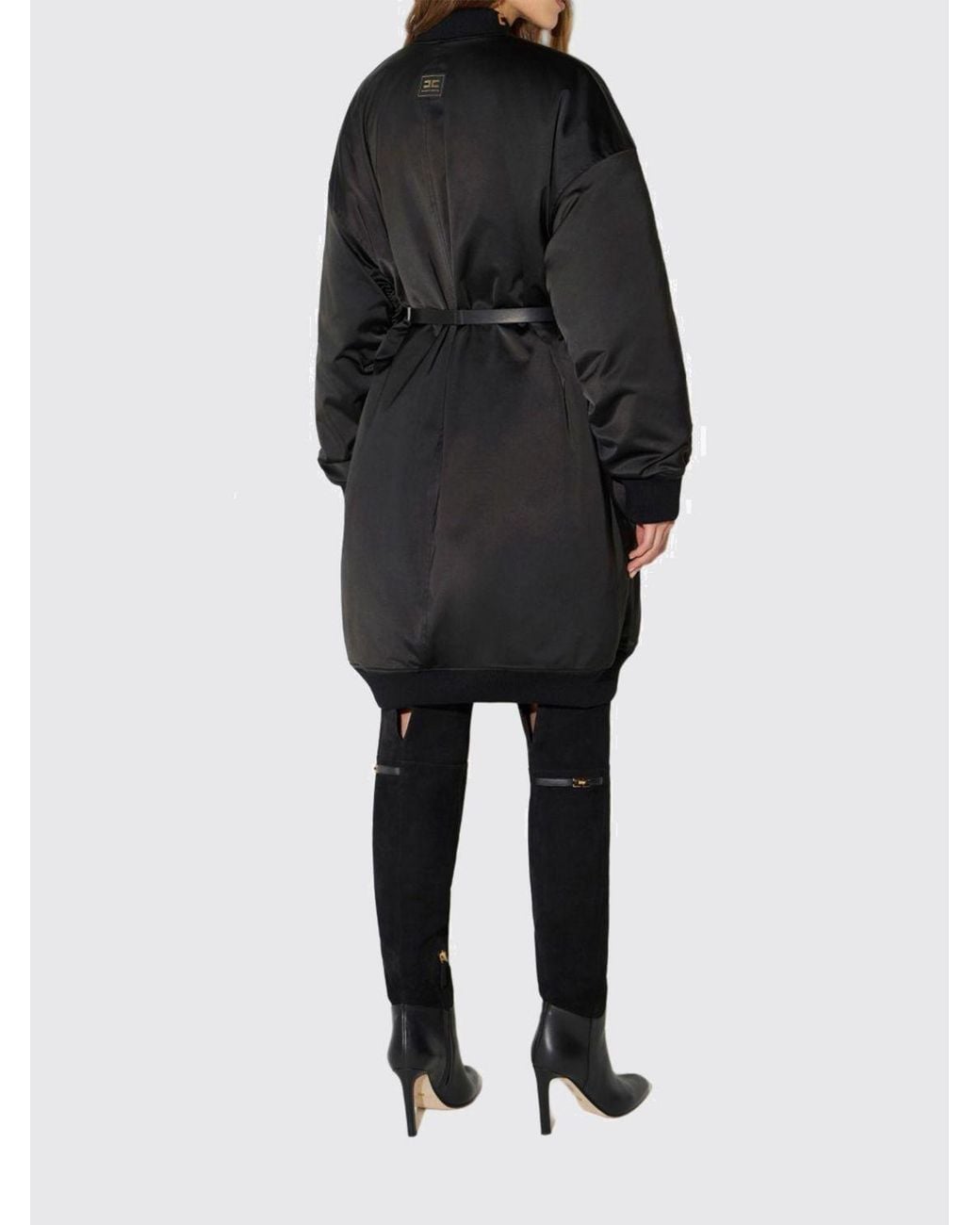 Elisabetta Franchi Black Long Padded Bomber Jacket With High Neck And Waist Belt