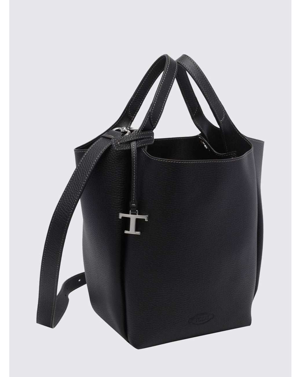 Tod's Black Hammered Leather Bucket Bag With Double Handle And Charm