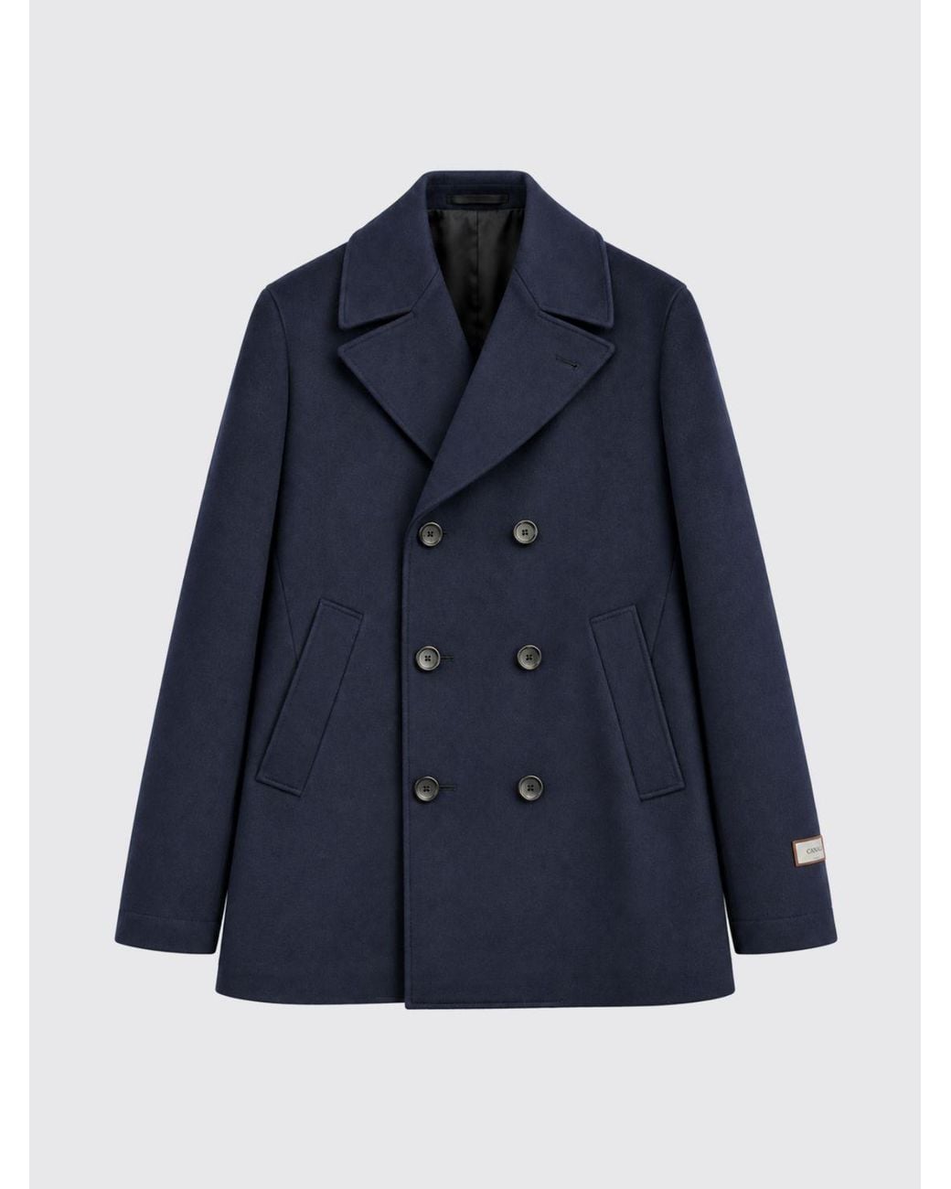 Canali Blue Double-Breasted Wool Blend Peacoat With Slit Pockets for men