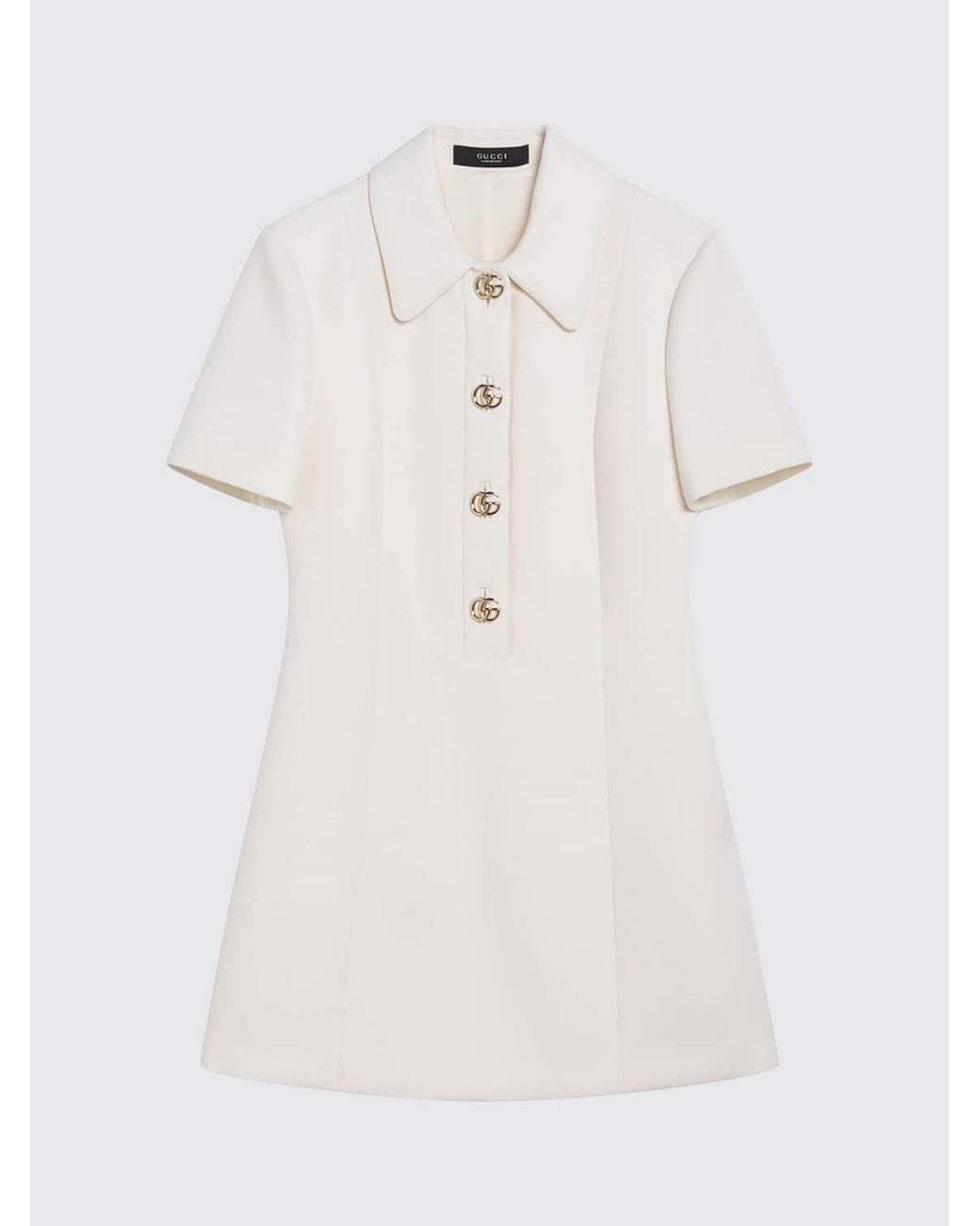 Gucci White Pure Wool Mini Shirt Dress With Logo Buttons And Short Sleeves