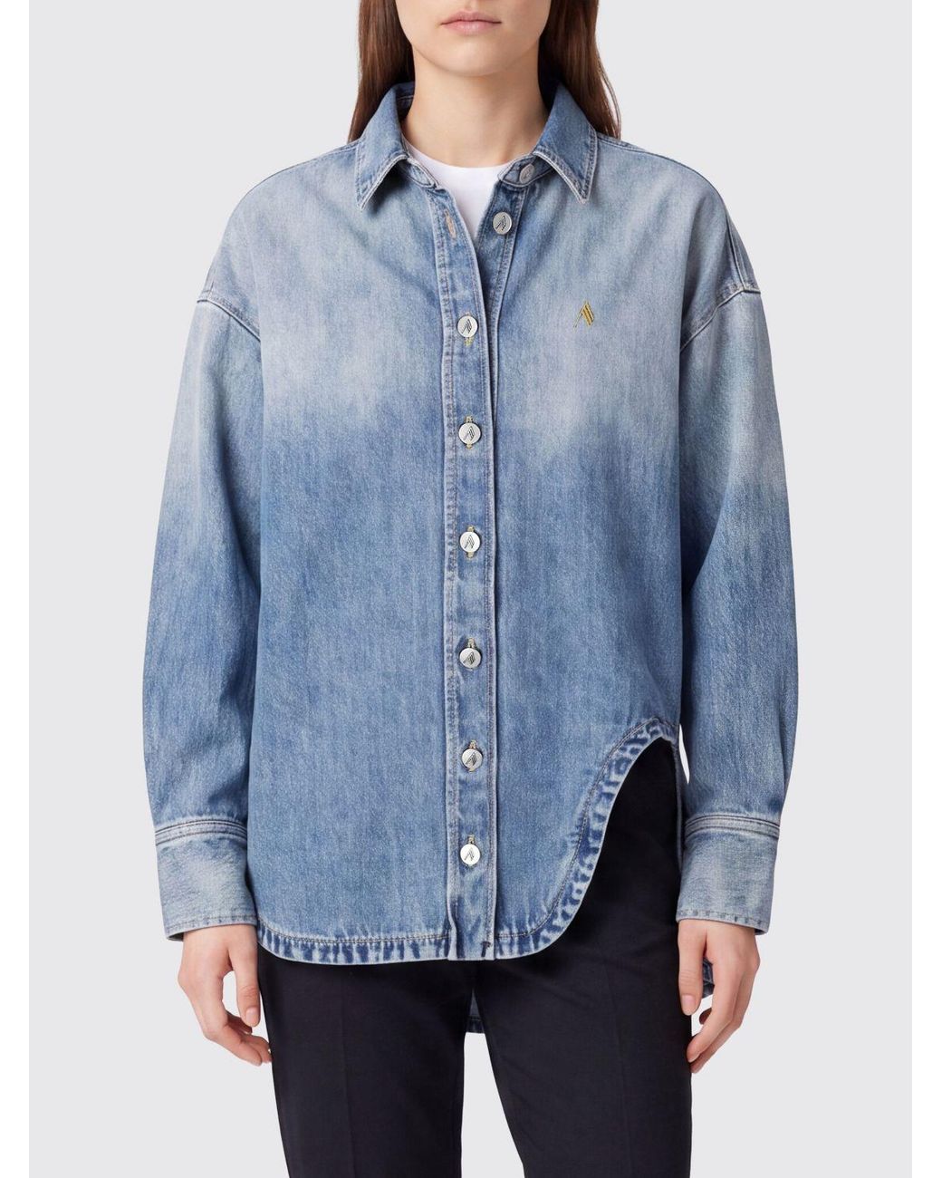 The Attico Blue Relaxed Fit Bleached Denim Shirt With Dropped Shoulders And Embroidered Logo