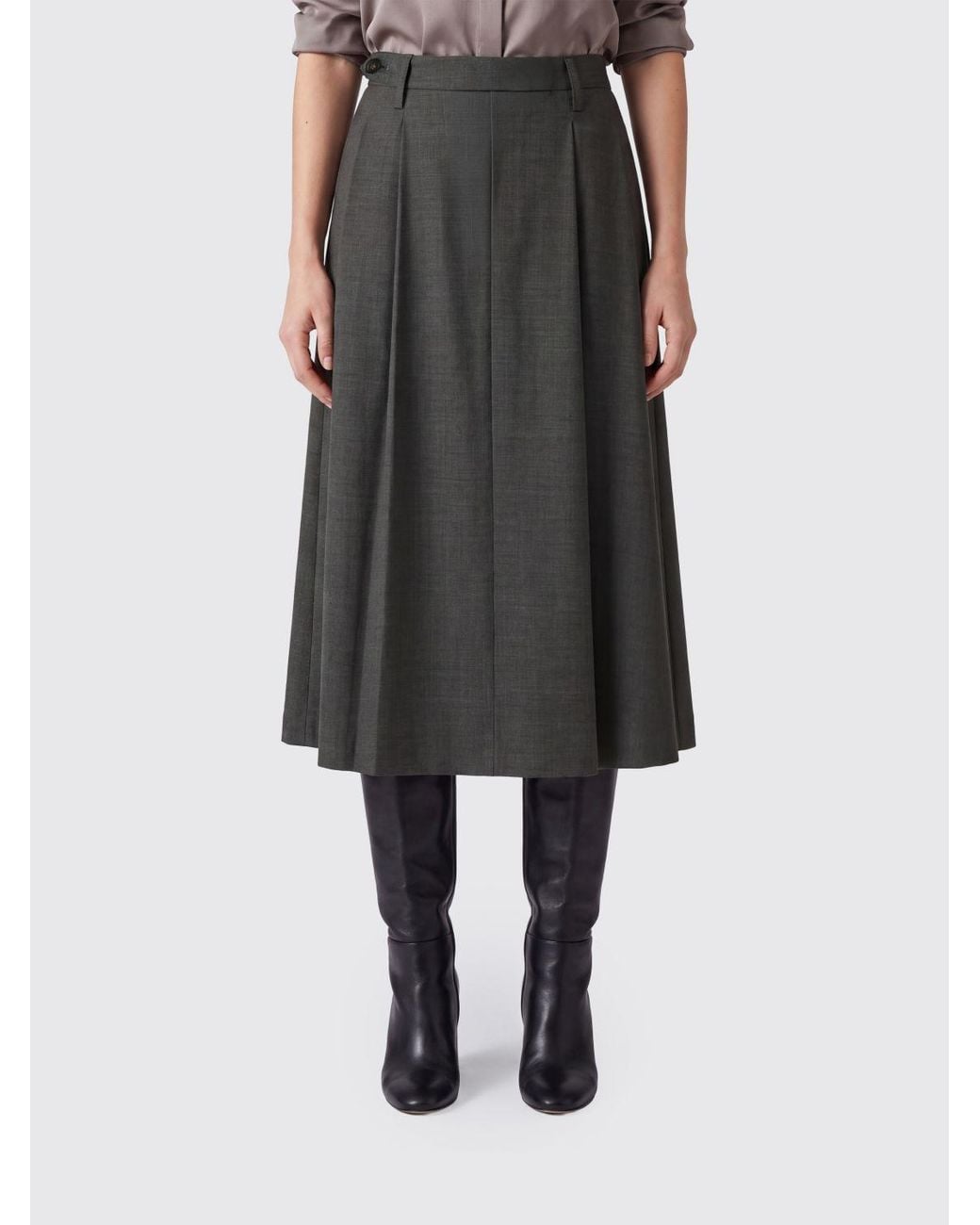 Brunello Cucinelli Black Virgin Wool A-Line Midi Skirt With Monili Detail