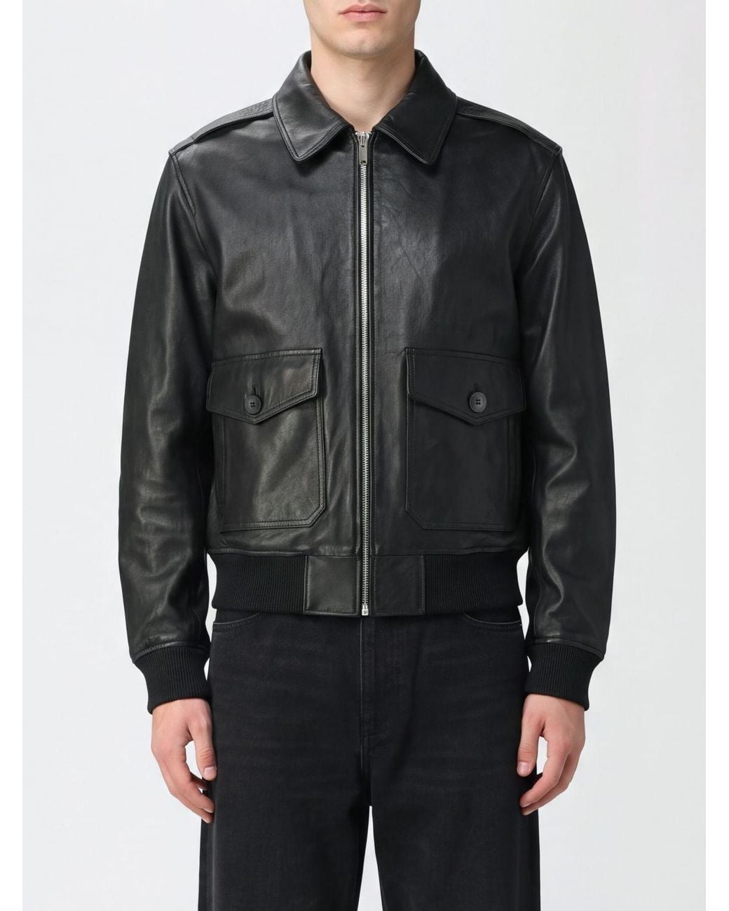 A.P.C. Black Leather Bomber Jacket With Classic Collar And Zip Closure for men