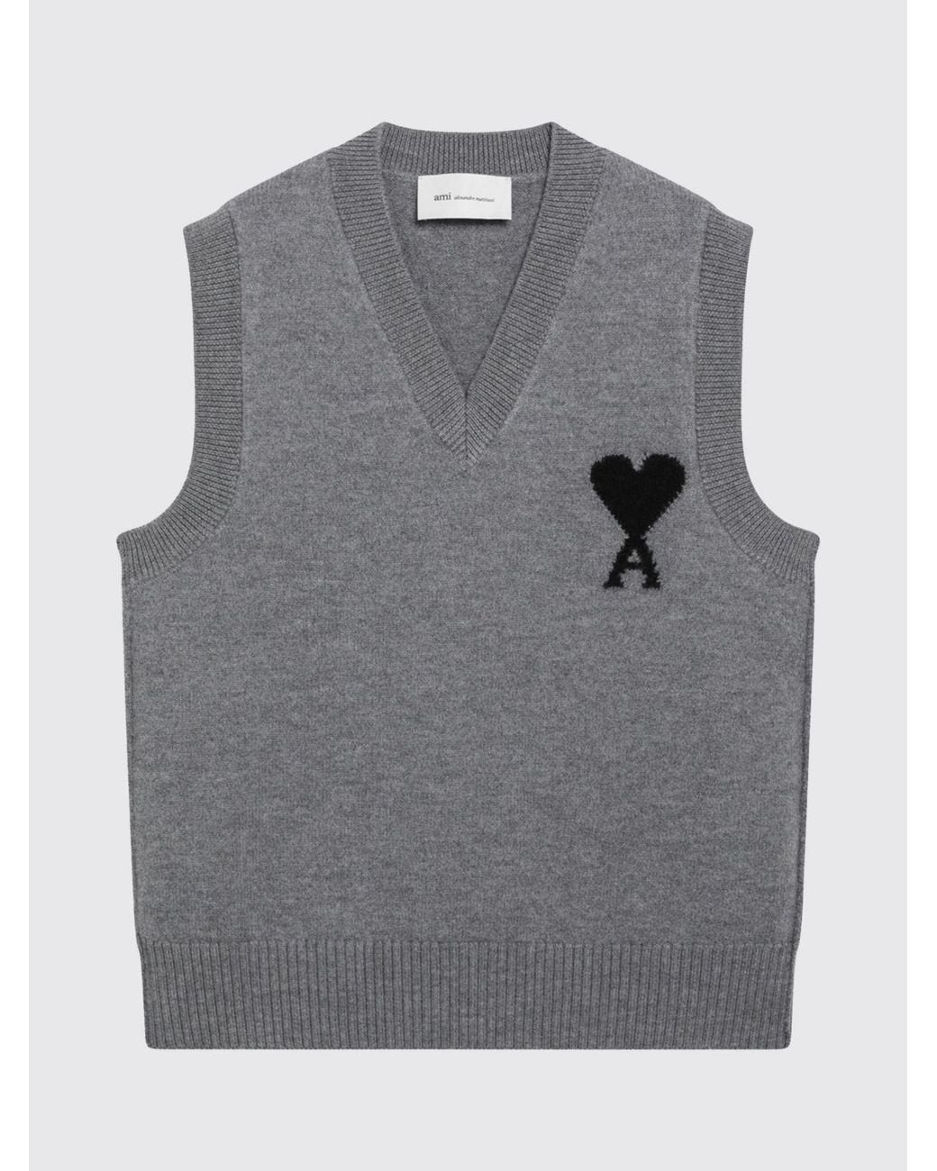 AMI Gray V-Neck Wool Knit Jumper Vest With Contrast Logo for men