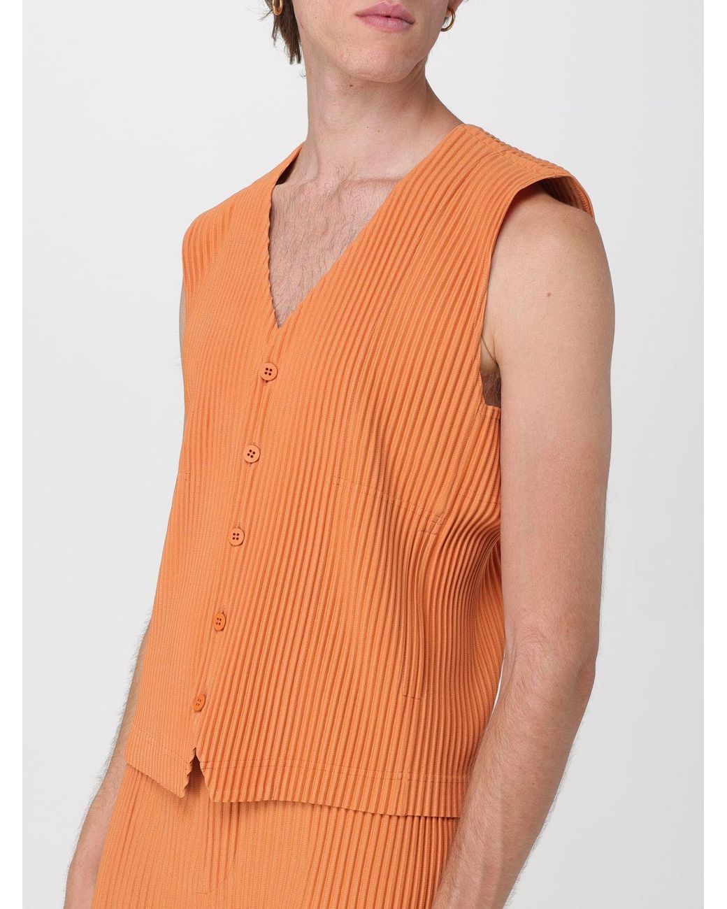 Homme Plissé Issey Miyake Orange Button-Front Pleated Waistcoat Homme Plissé Issey Miyake for men