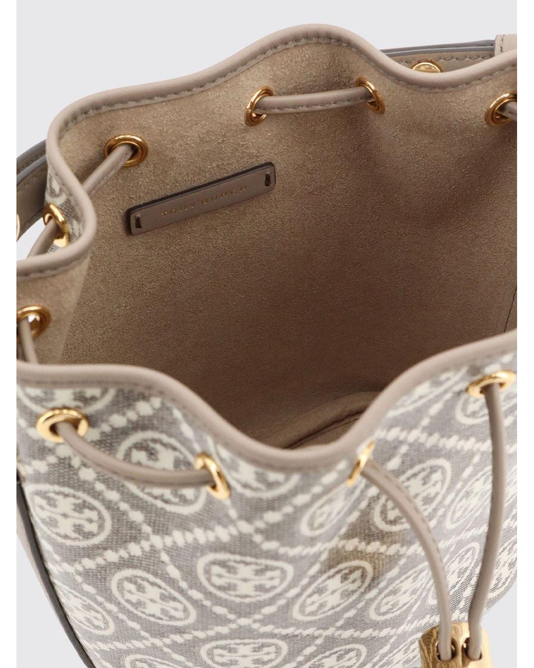 Tory Burch White Mini Monogram Cotton Bucket Bag With Double T Logo