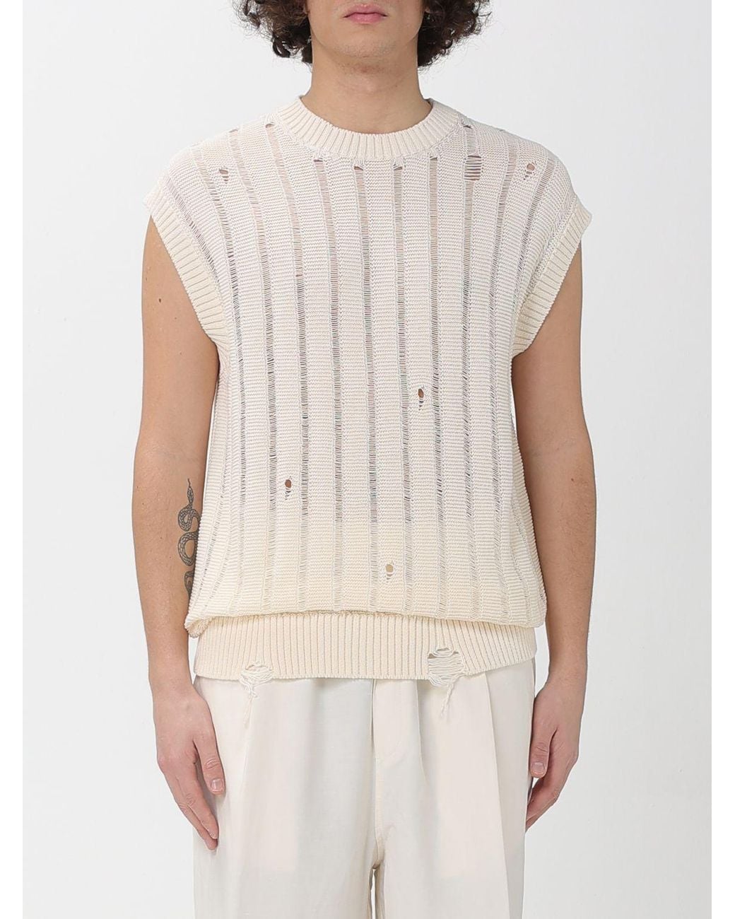 Laneus White Destroyed Effect Cotton Knit Vest for men