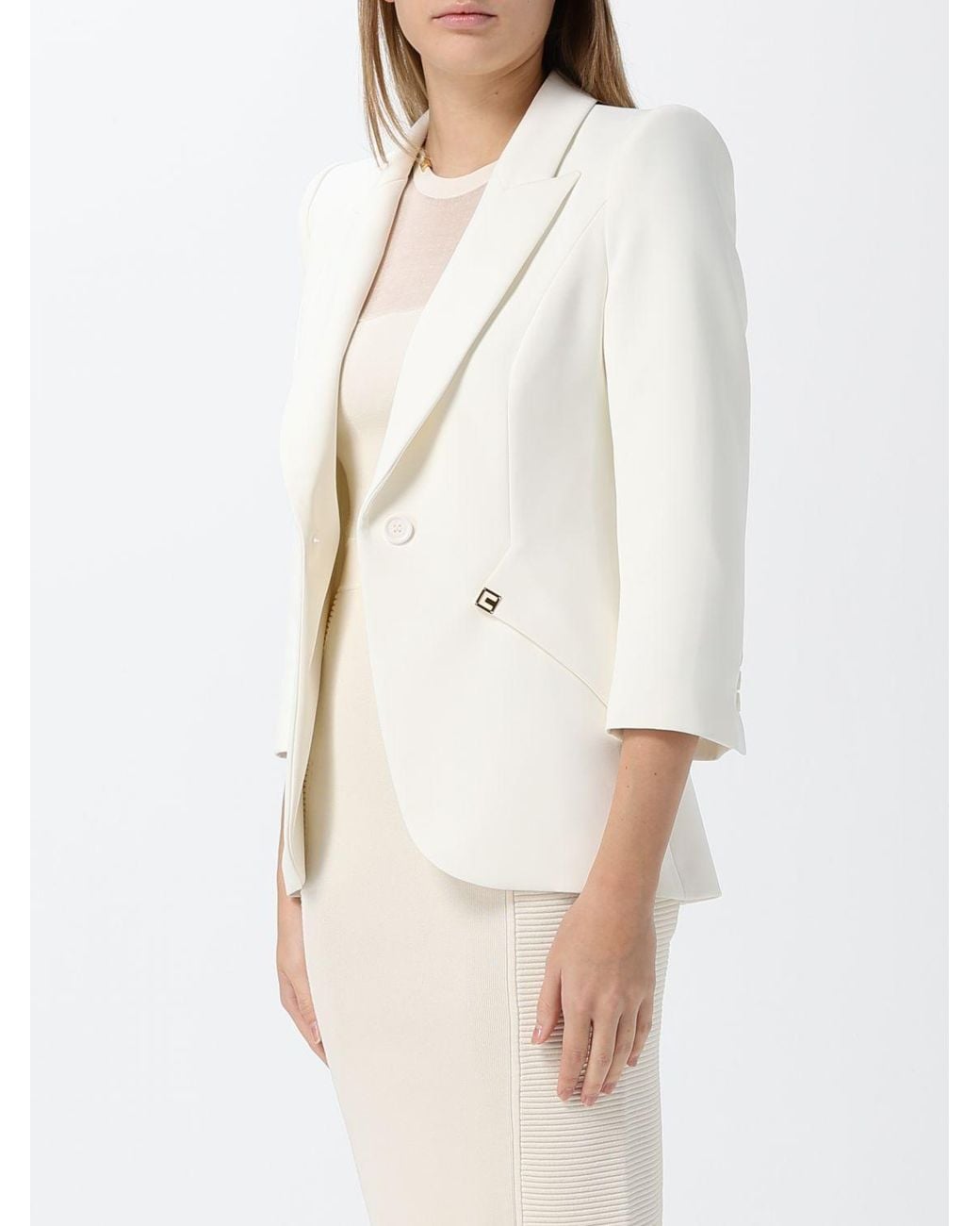 Elisabetta Franchi White Cropped Single-Breasted Slim Fit Blazer With Peak Lapels