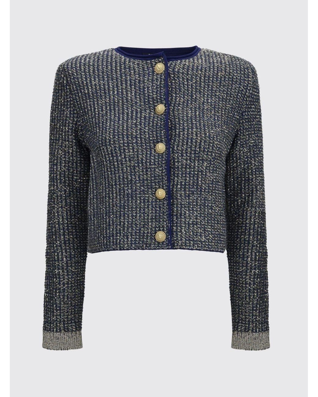 Balmain Blue Bicolour Bouclé Crewneck Cardigan With Metallic Buttons