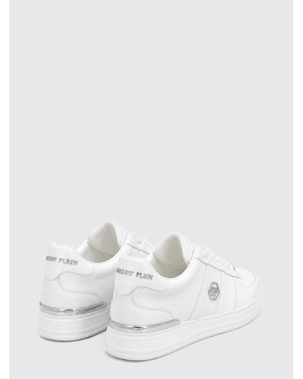Philipp Plein White Low-Top Leather Trainers With Hexagon Logo And Round Toe for men