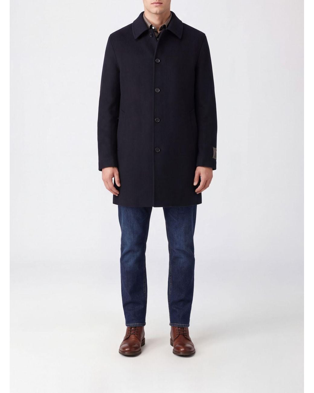 Incotex Blue Single-Breasted Knee-Length Wool Coat With Slit Pockets for men