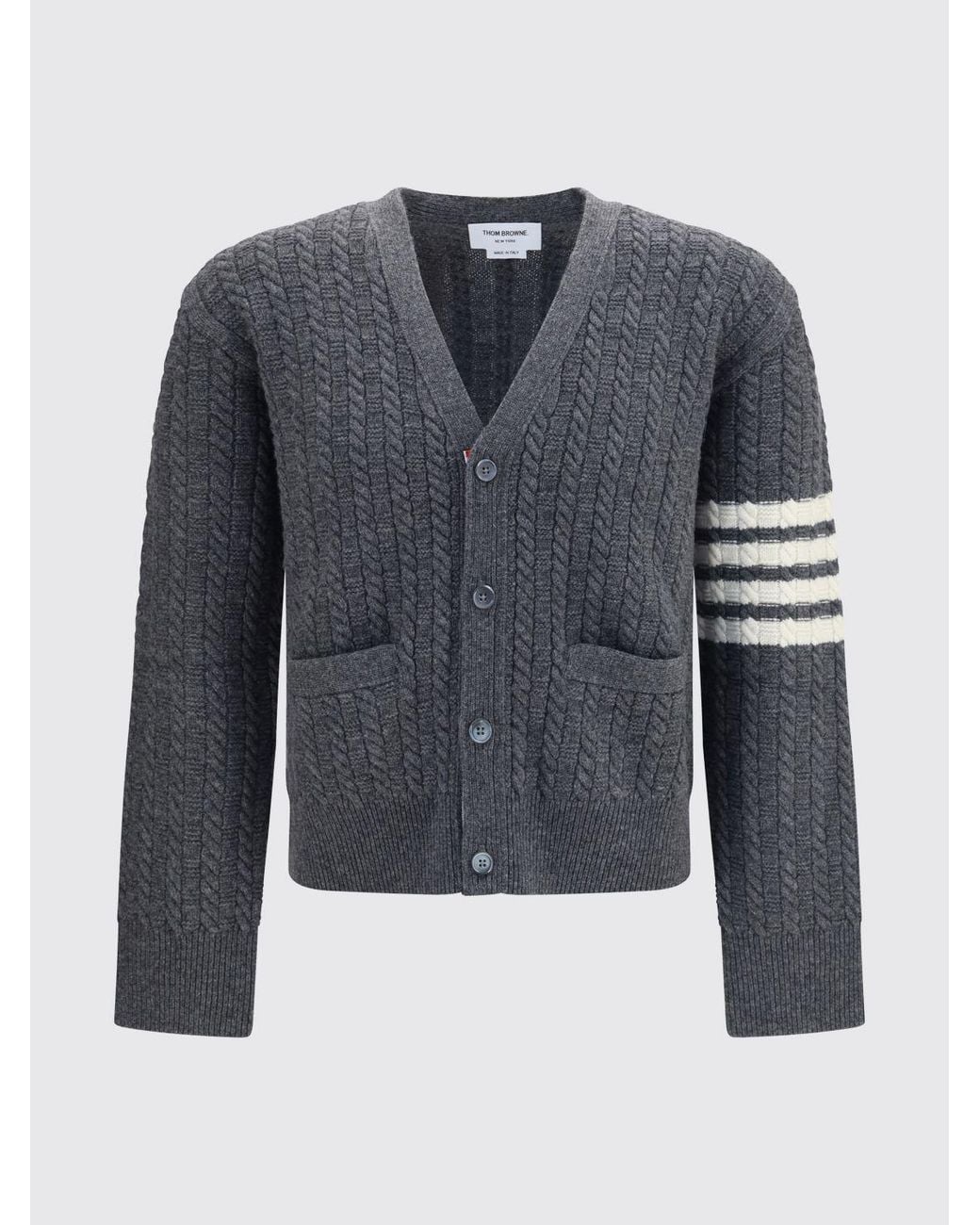 Thom Browne Gray Bar Stripe V-Neck Slim Fit Wool Tricot Cardigan for men