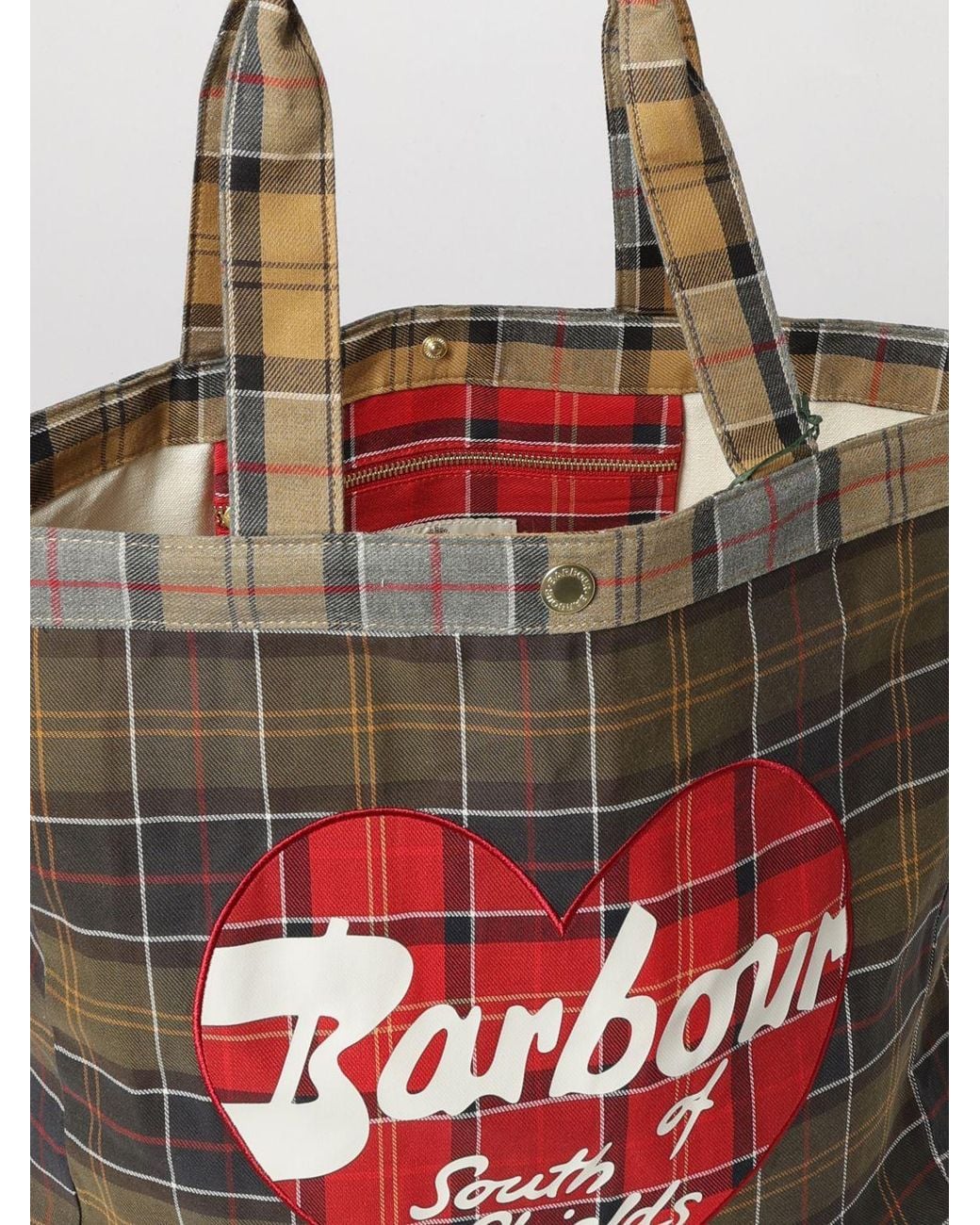 Barbour Red Medium Cotton Tote Bag With Tartan Print And Contrasting Logo