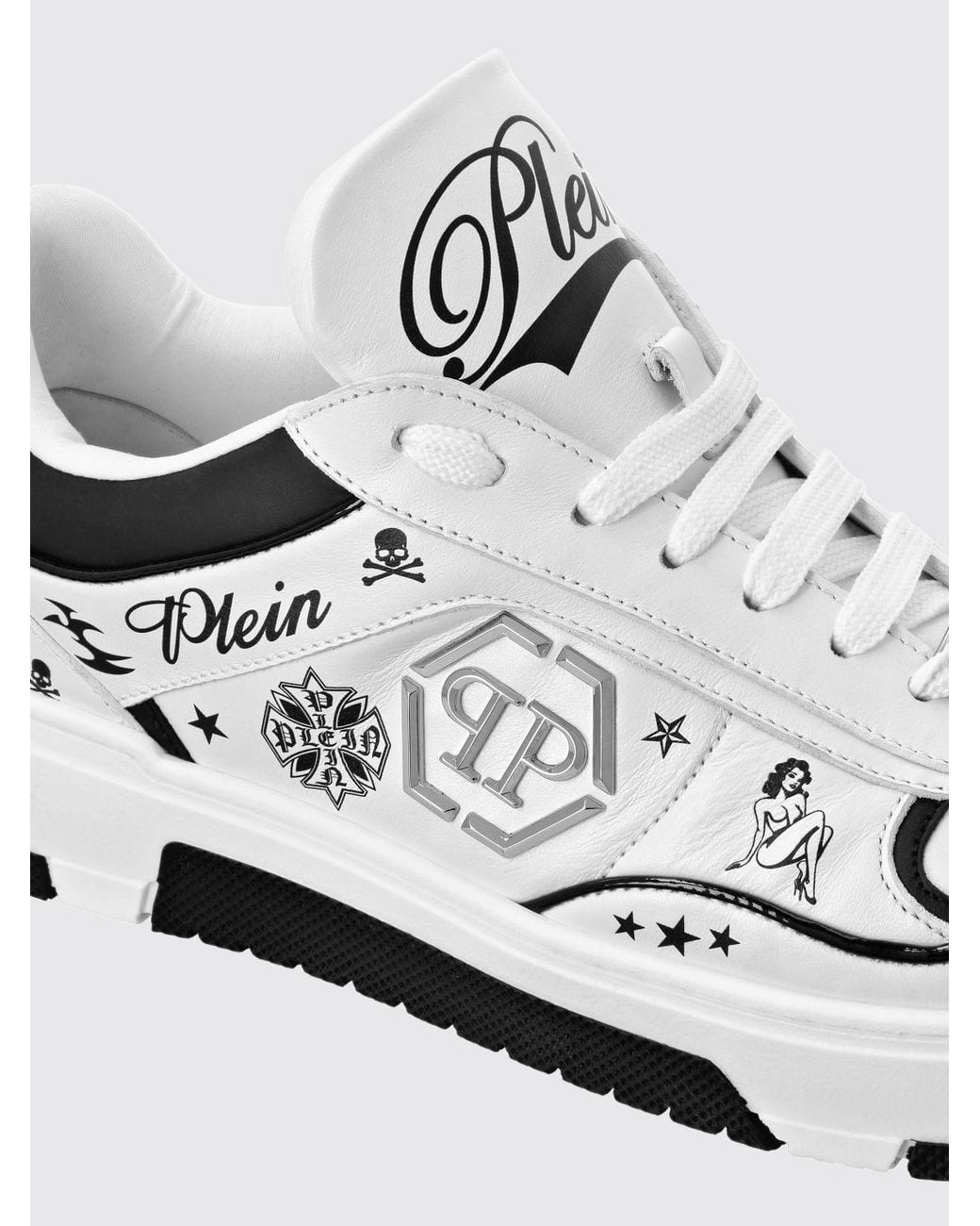 Philipp Plein White Low-Top Smooth Leather Sneakers With Graphic Logo Print for men