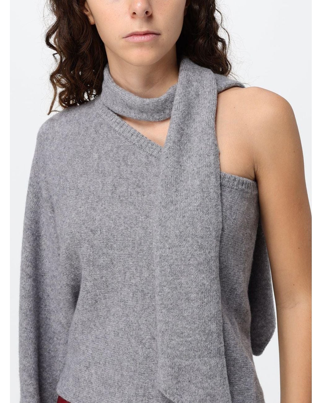 FEDERICA TOSI Gray Asymmetrical One-Shoulder Wool And Cashmere Top With Scarf Neck