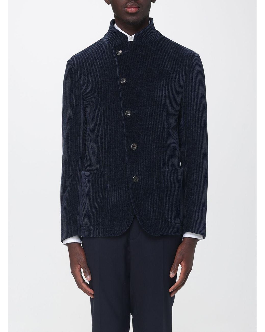 Emporio Armani Blue Asymmetrical Velvet Jacket With High Neck for men