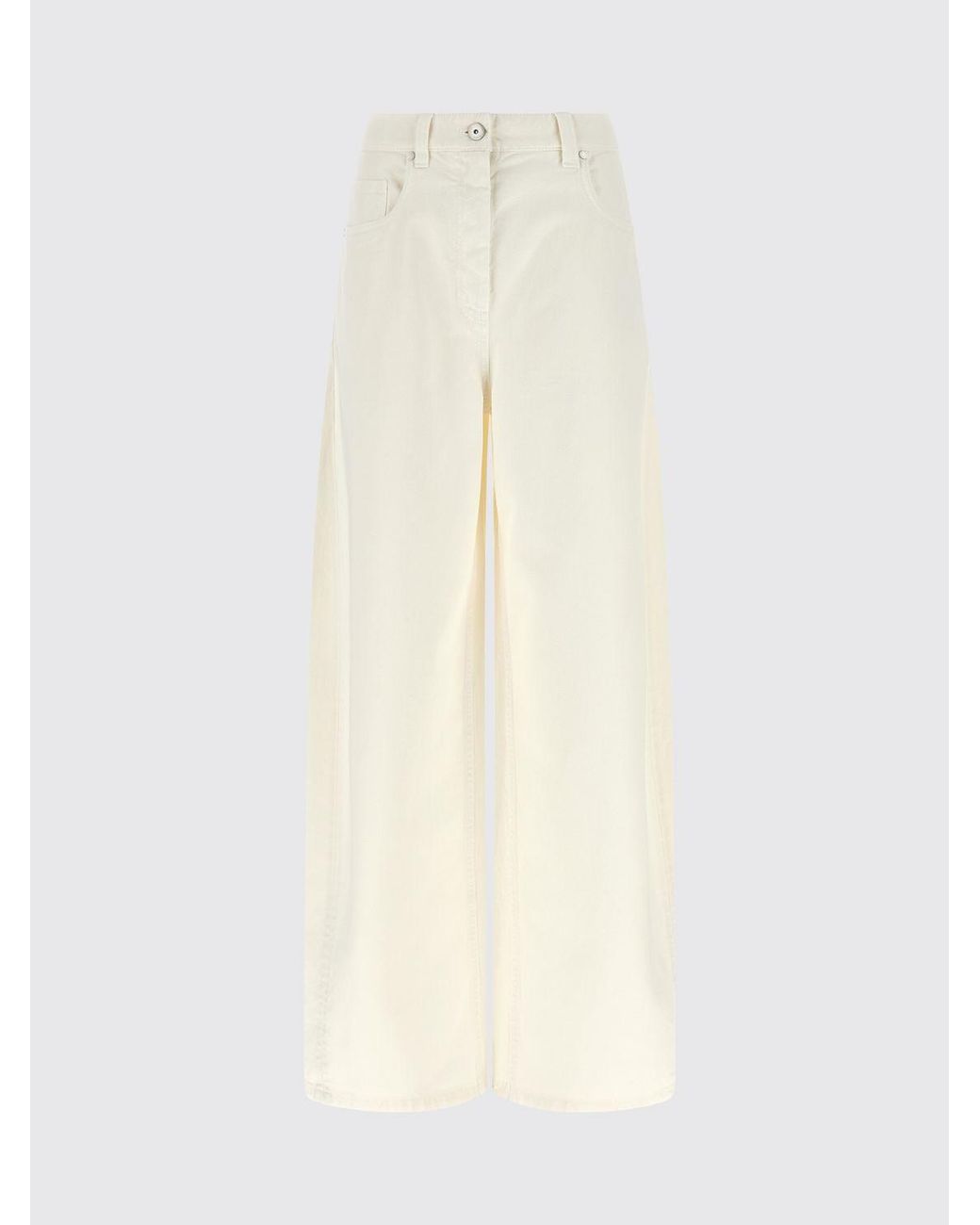Brunello Cucinelli Natural High-Waisted Wide Leg Cotton Denim Jeans With Monili