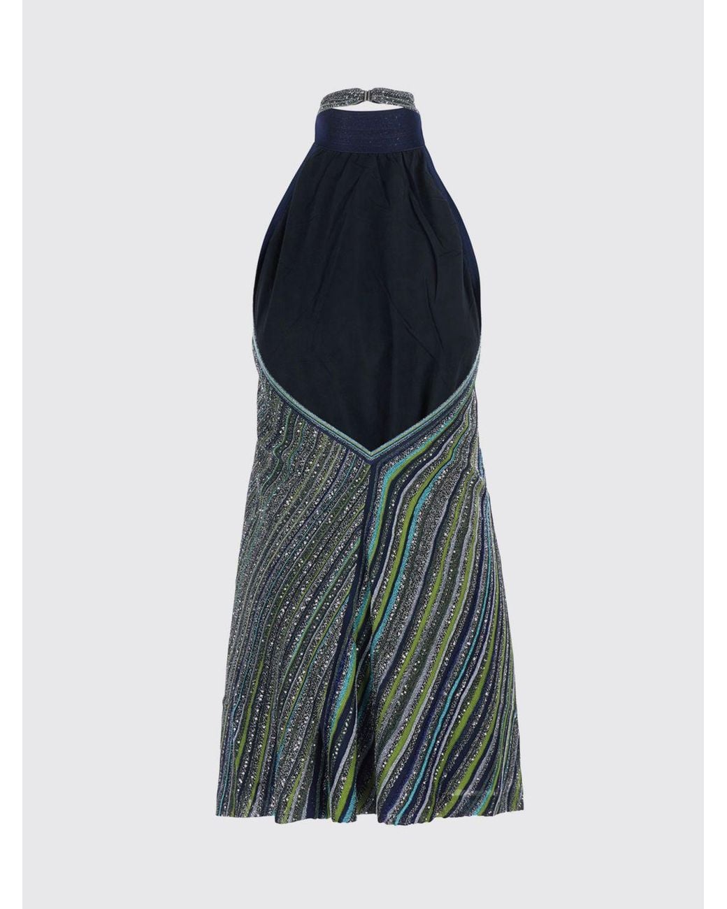 Missoni Blue Multicolour Striped Sequin Sheath Mini Dress With Halter Neck