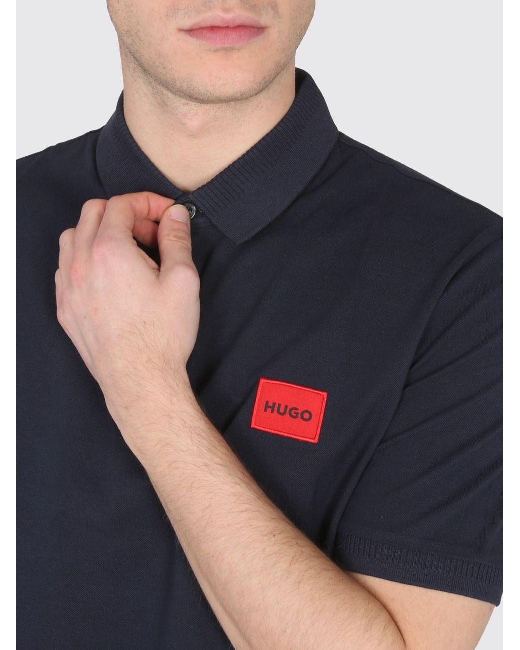 HUGO Blue Cotton Polo Shirt With Contrasting Logo And Three-Button Placket for men