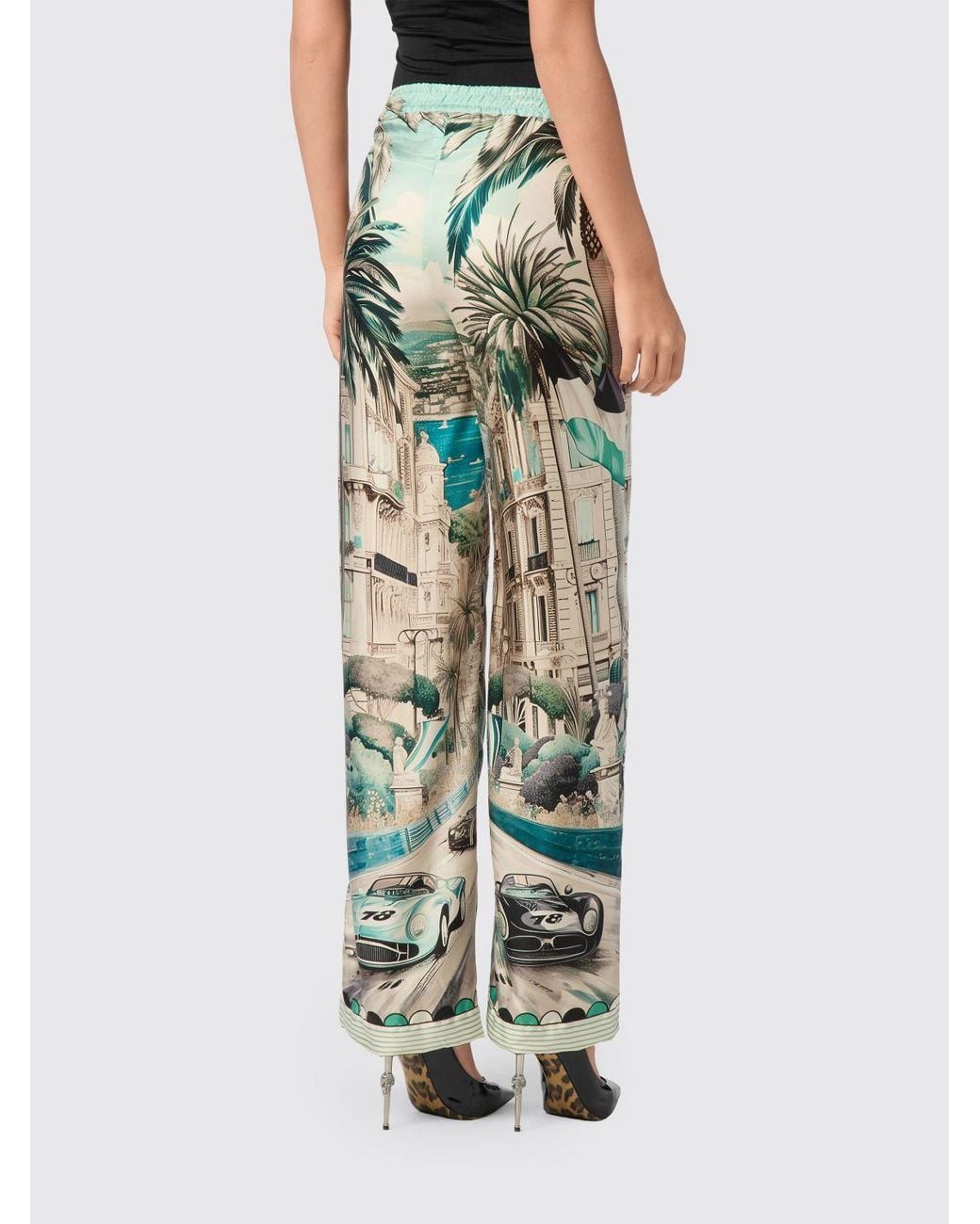 Philipp Plein Green Graphic Print Satin Palazzo Trousers With Drawstring Waist