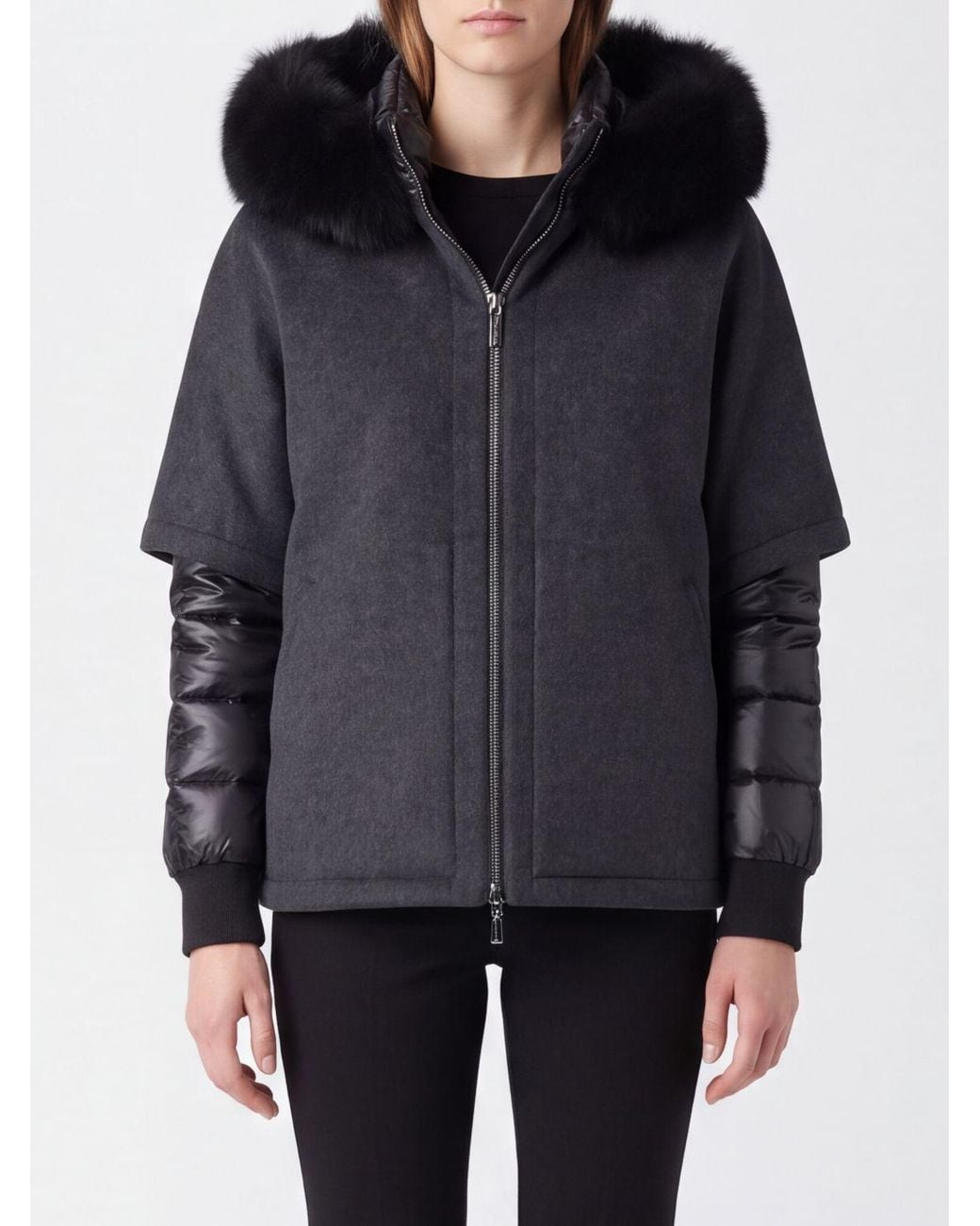 Moorer Blue Short Wool And Cashmere Coat With Shearling Hood
