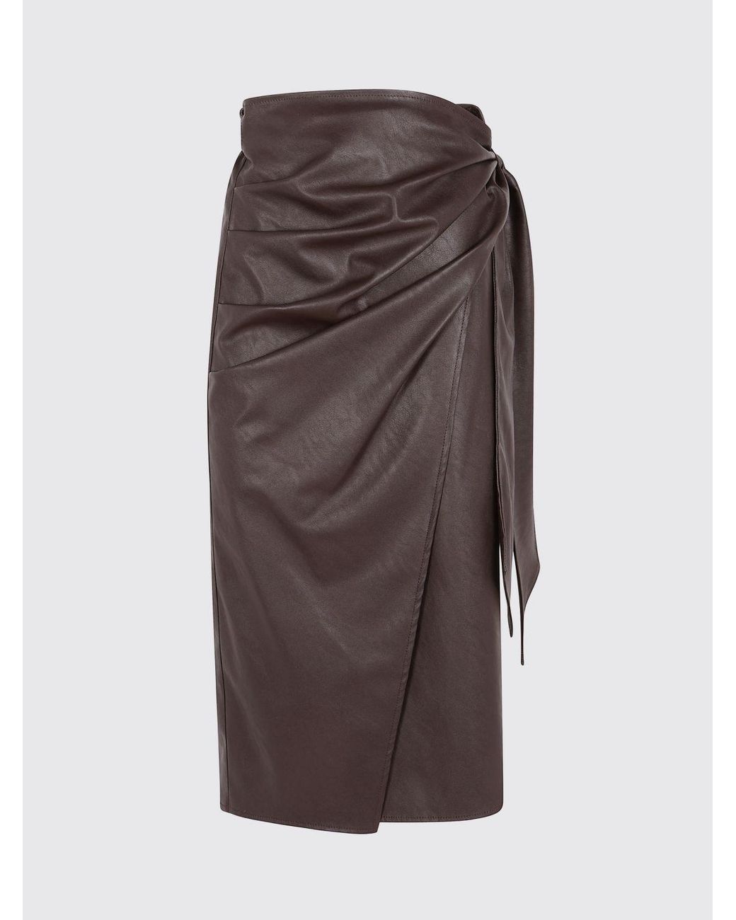 Elisabetta Franchi Brown Draped Faux Leather Midi Wrap Skirt With High Waist