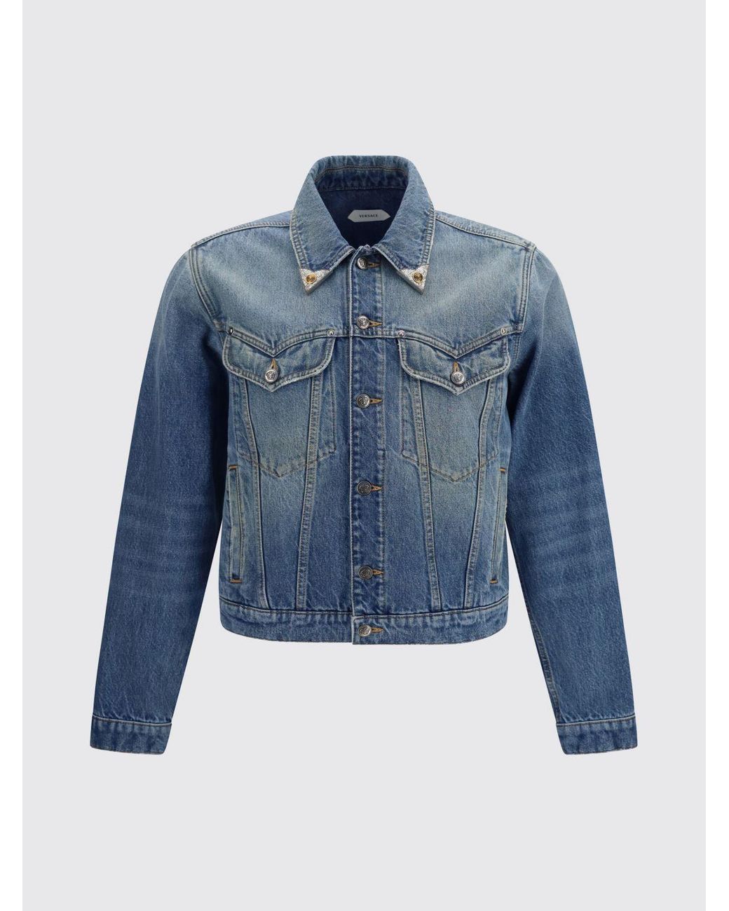 Versace Blue Cotton Denim Shirt Jacket With Patch Pockets for men