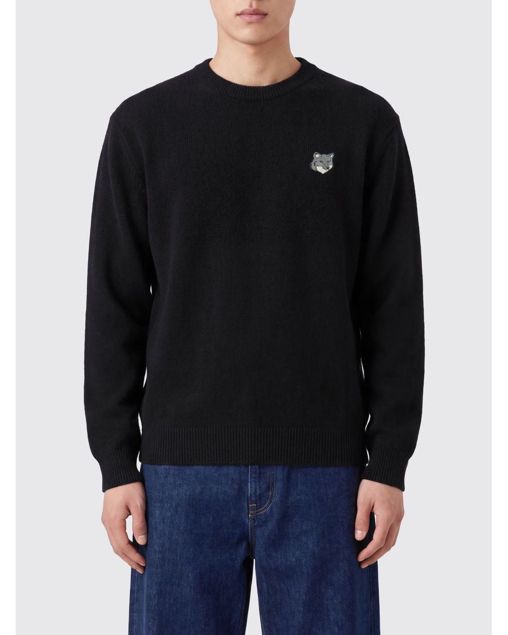 Maison Kitsuné Black Maison KitsunÉ Crewneck Wool Jumper With Chillax Fox Logo Patch for men