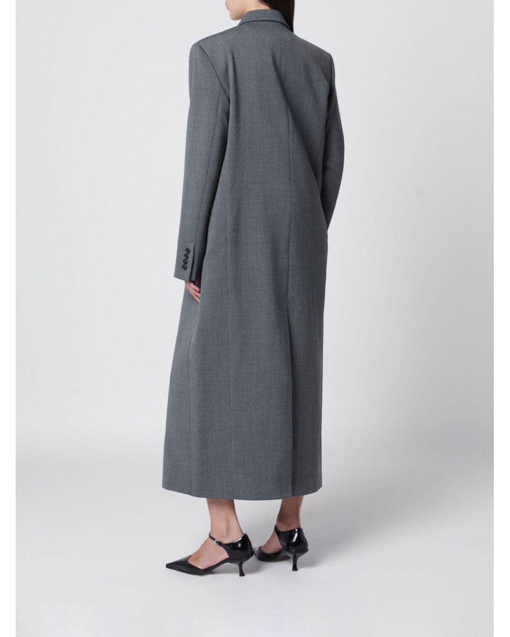 Almada Label Gray Double-Breasted Long Wool And Cashmere Blend Coat With Peak Lapels