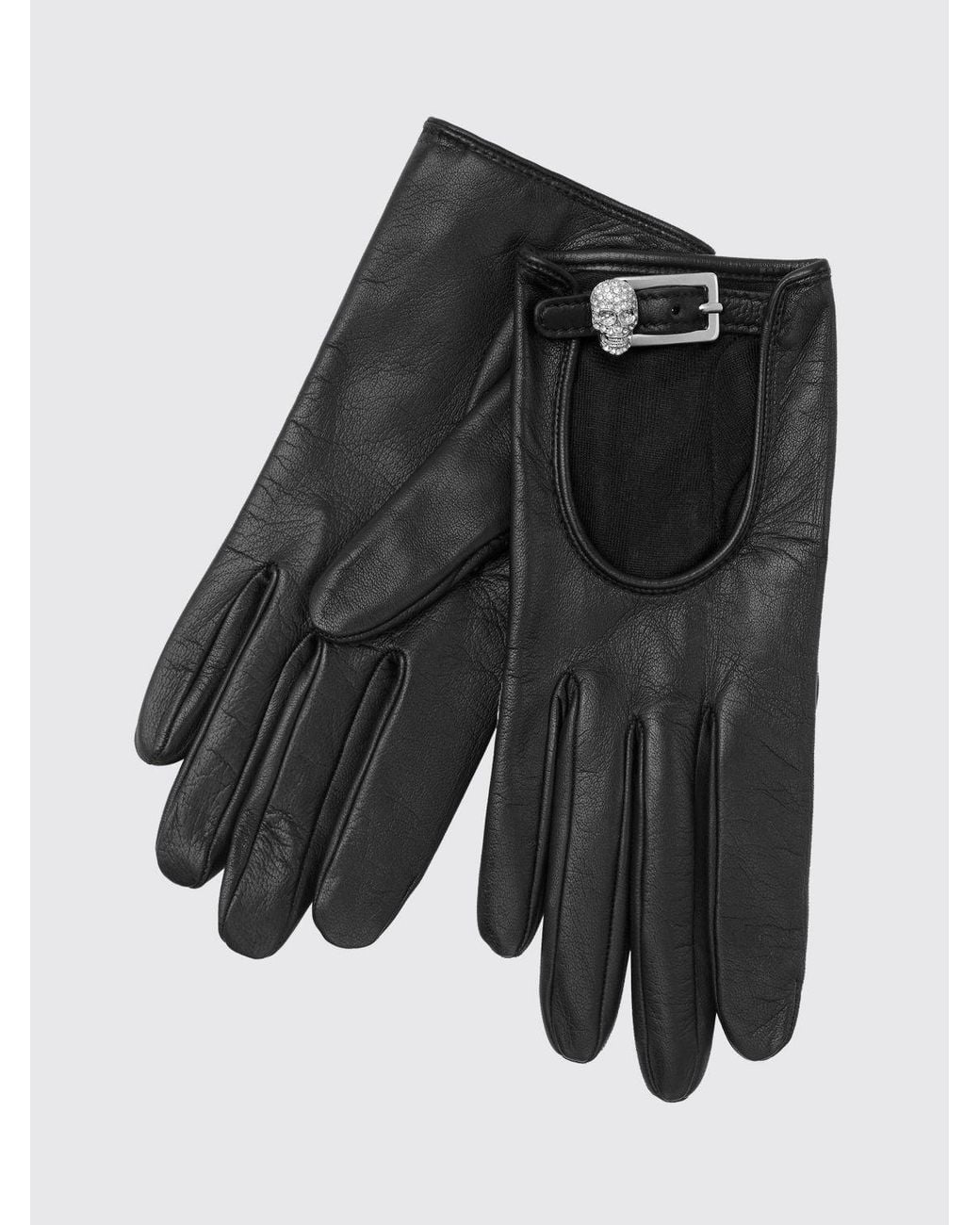 Philipp Plein Black Lambskin Gloves With Skull Print And Rhinestone Application