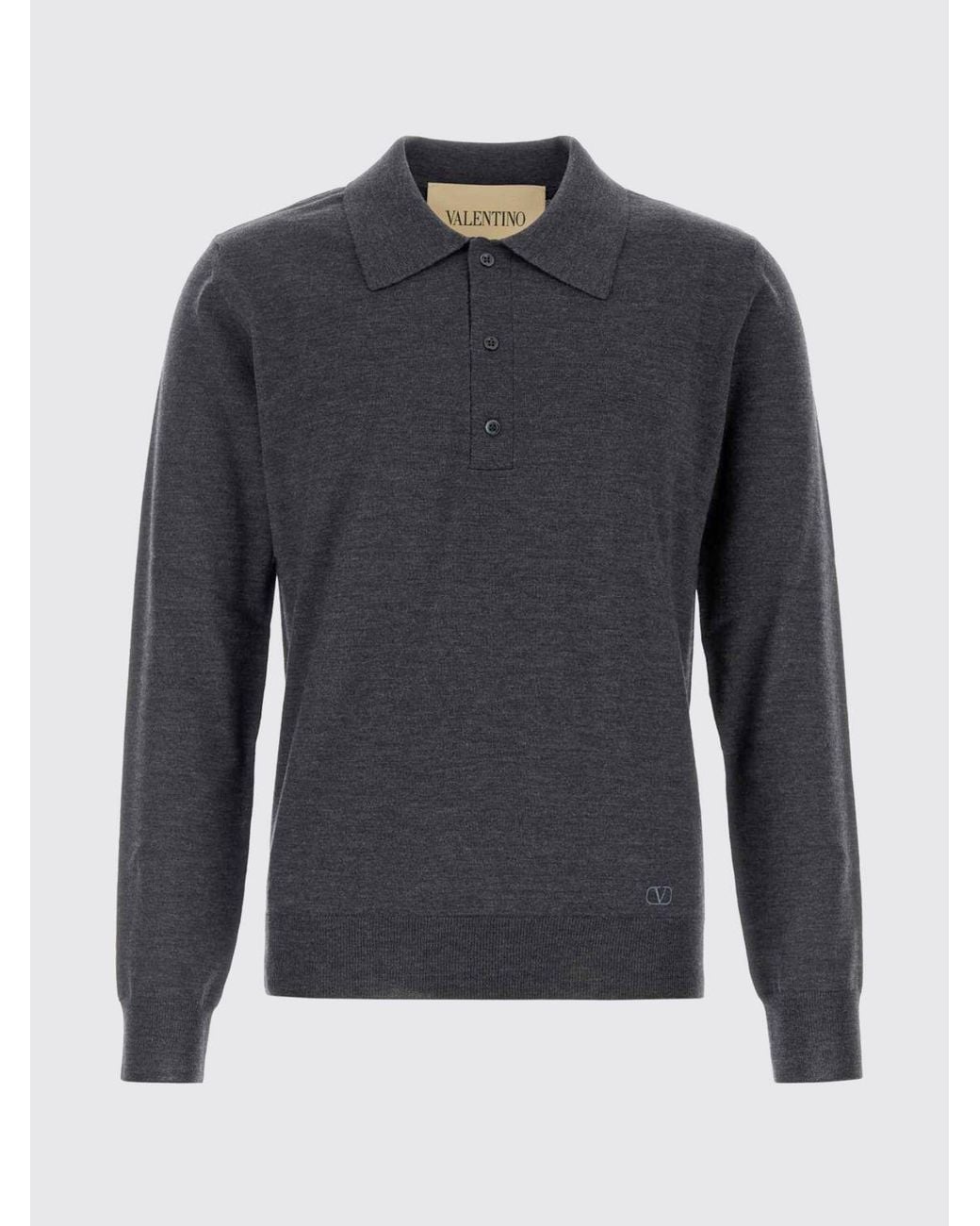 Valentino Gray Long-Sleeved Knitted Virgin Wool Polo for men