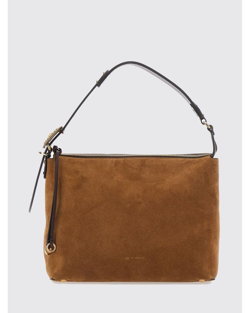 Etro Brown Suede Leather Shoulder Bag With Adjustable Handle And Laminated Logo