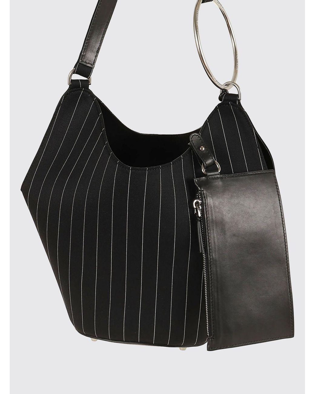 Dondup Black Pinstriped Wool Shoulder Bag With Removable Pouch