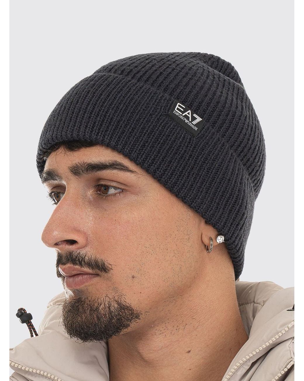 EA7 Blue Wool Blend Beanie Hat With Applied Logo for men