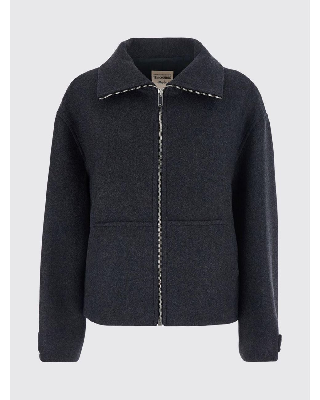 Semicouture Blue Virgin Wool Short Coat With High Collar And Kangaroo Pocket