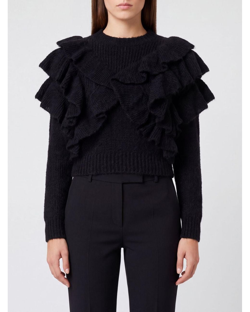 Elisabetta Franchi Black Ruffle-Detail Mohair Blend Crew Neck Jumper