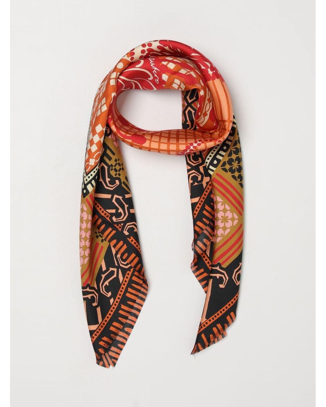 Mantero 1902 Orange Square Silk Twill Foulard With Paisley And Check Print