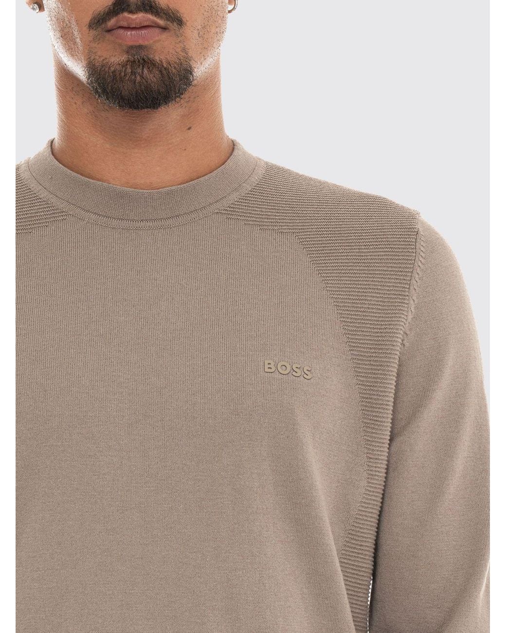 Boss Gray Cotton Blend Crew Neck Jumper With Long Sleeves And Ribbed Trims for men